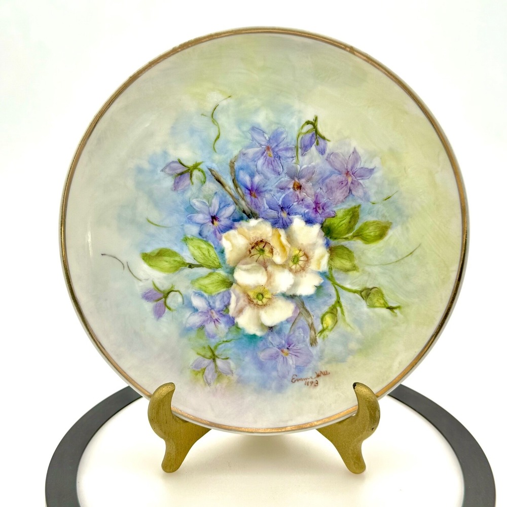 Vintage Hand Painted Porcelain Plate Signed And Dated By Artist Purple Floral